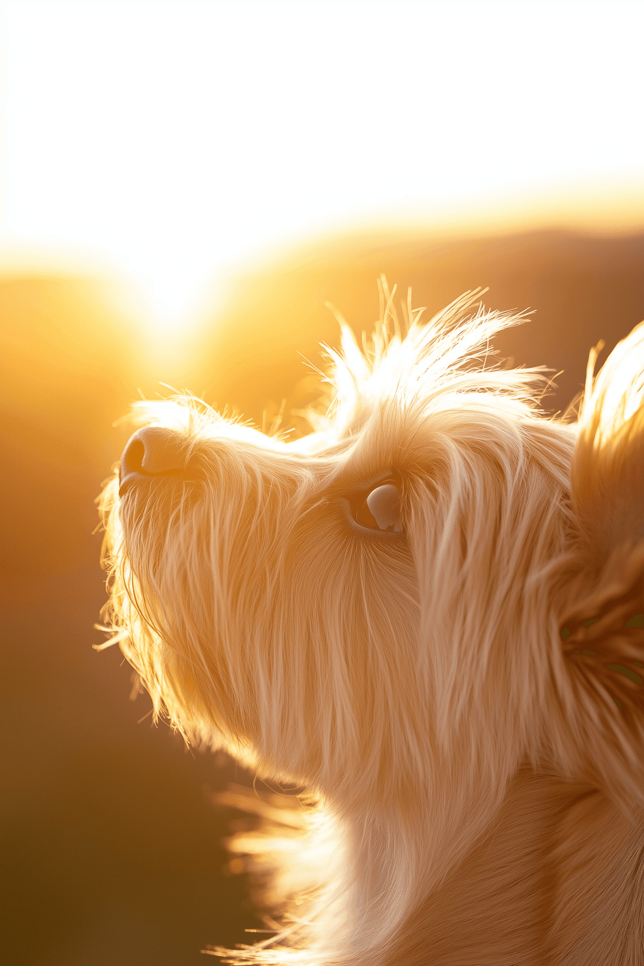 Close-up of a fluffy dog in golden sunset light, looking upwards with peaceful expression.