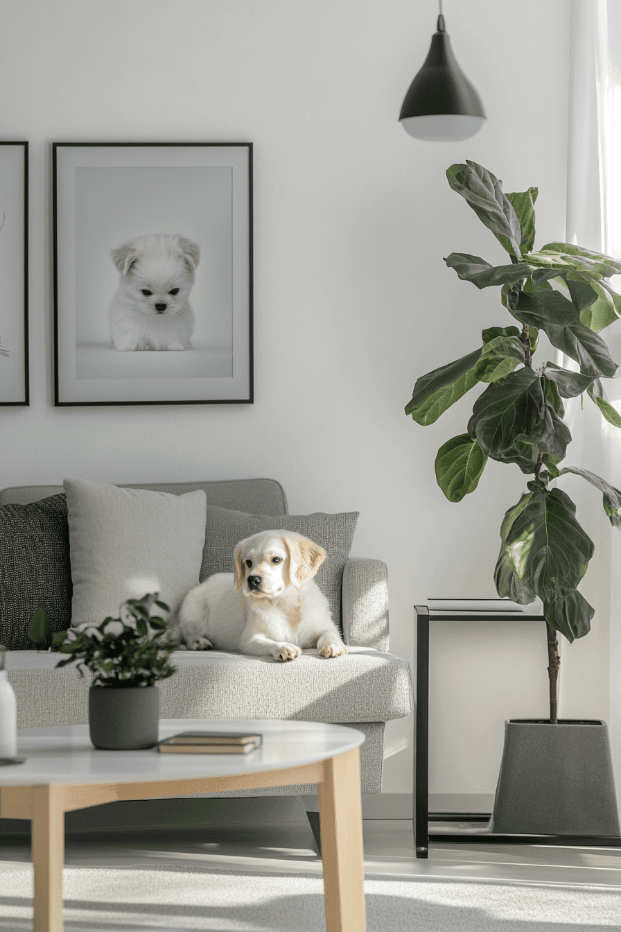 Light-filled living room with a puppy on the sofa, large plant, and wall art.