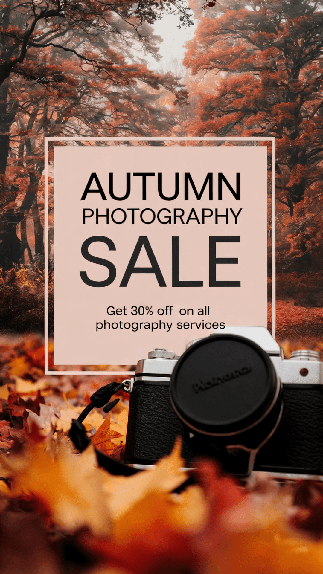 Autumn photography sale poster with camera and colorful leaves, offering 30% off on services.